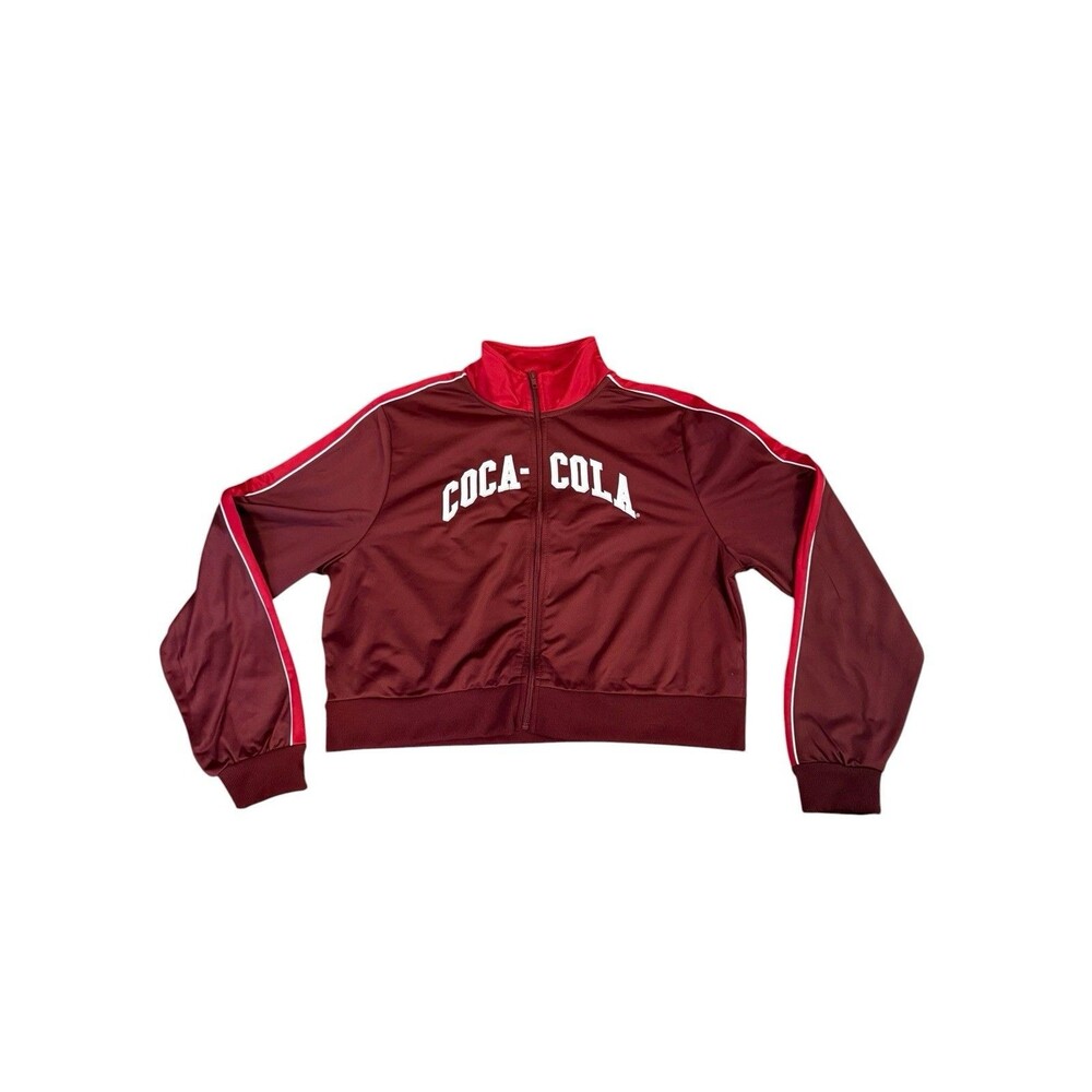 Coca Cola Track Jacket Red Cropped‎ Spell Out Logo Full Zip Womens Sz XL